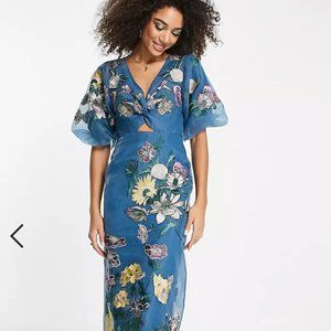 ASOS EDITION floral embroidered organza midi dress in steel blue